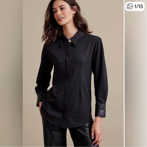 Soft Surroundings Tops - Soft Surroundings Black Mattea Faux Leather Cuff Tunic Shirt